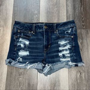 ae dark wash high rise shorts